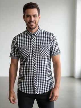 Attitude Gold 90s Grunge Plaid Short Sleeve Button Down Shirt Black White 2XL